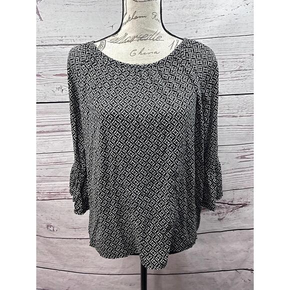 Michael Kors Medium Black White Blouse‎ MK Circles Peasant 3/4 Sleeves - Picture 1 of 4